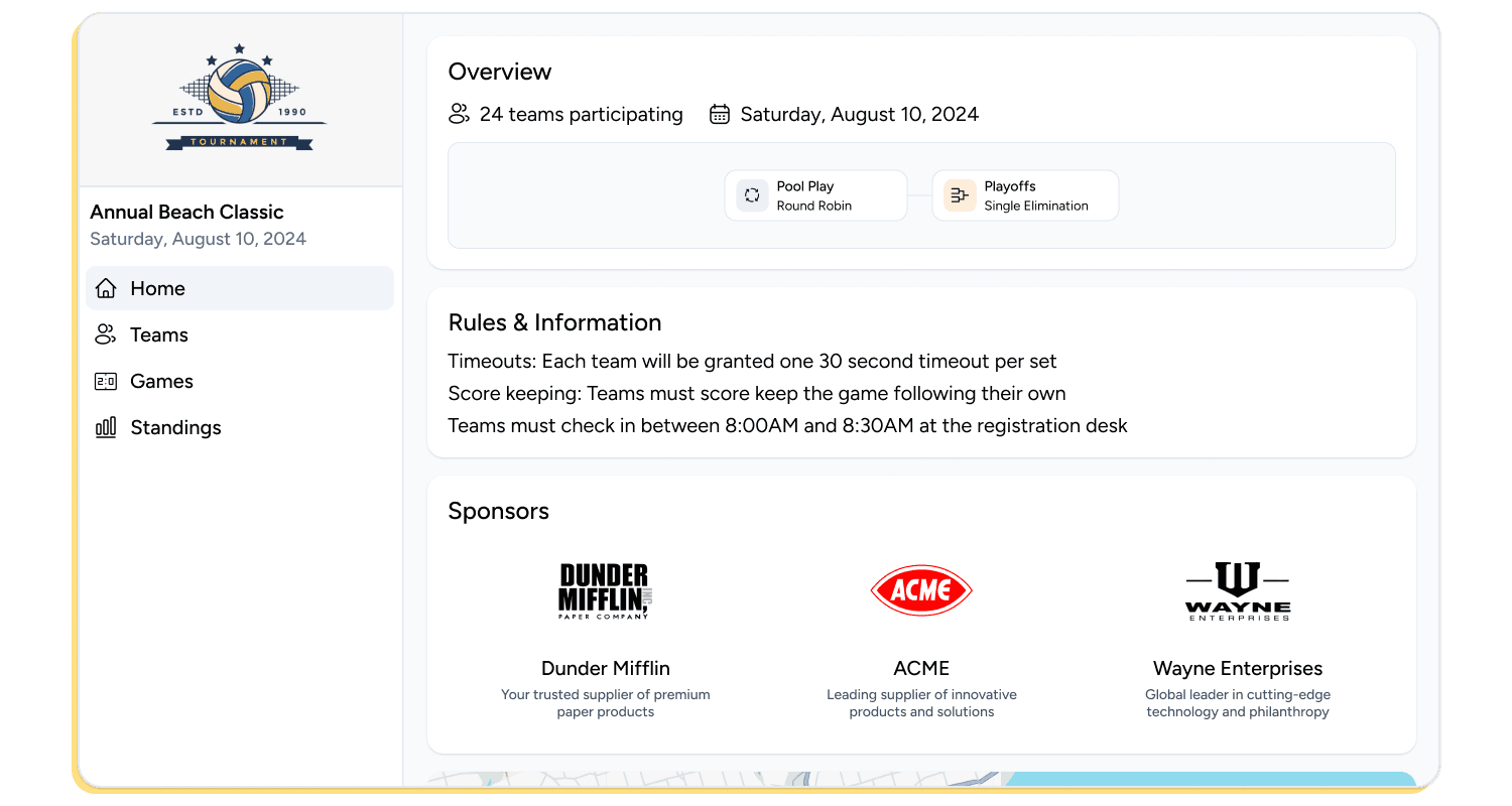Home page for a tournament