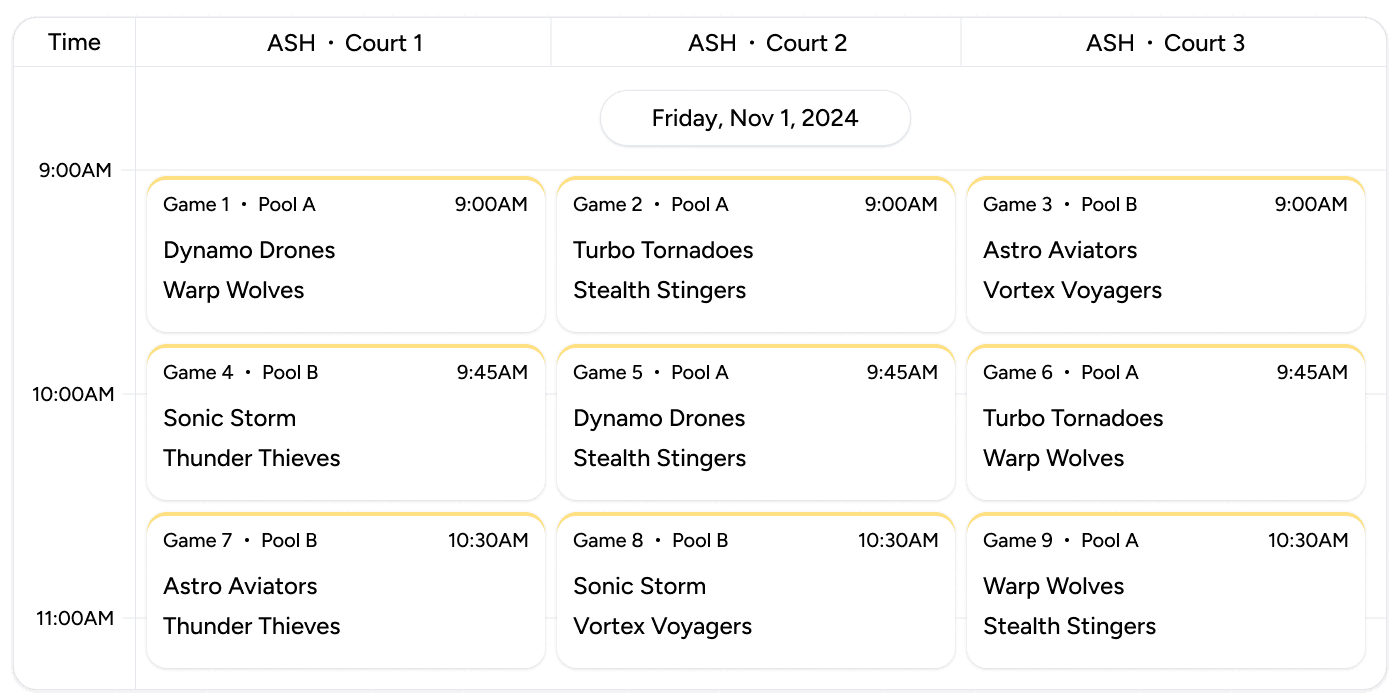 Scheduled games for a tournament