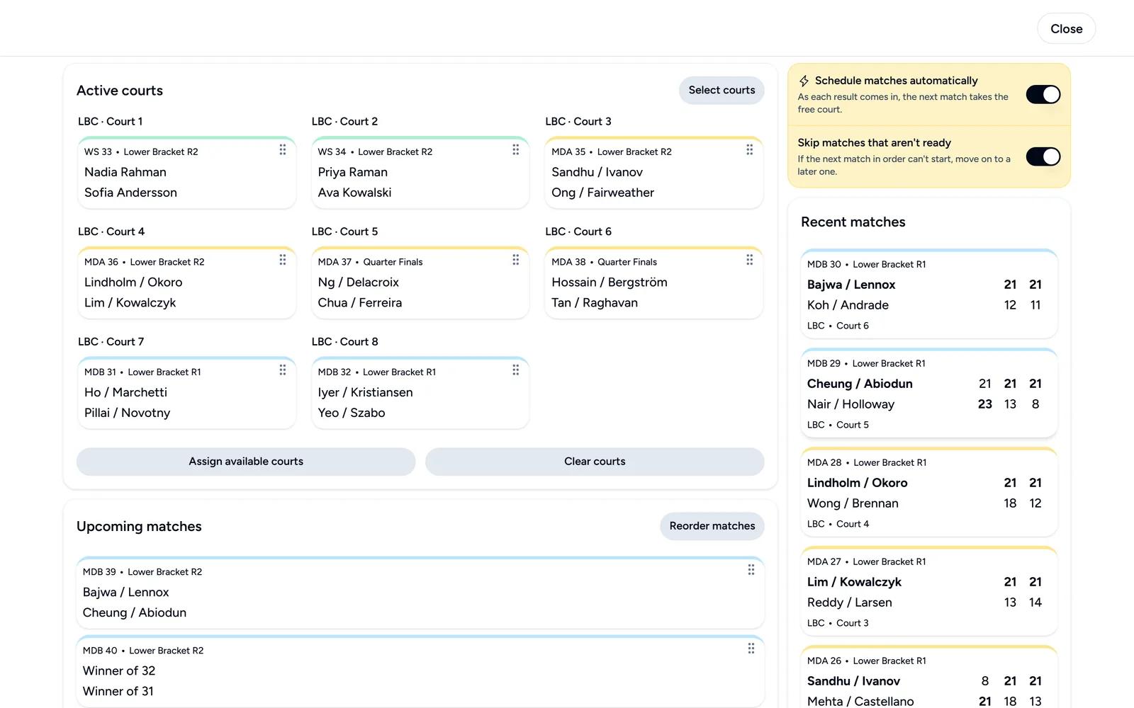 Court dashboard with matches from three events