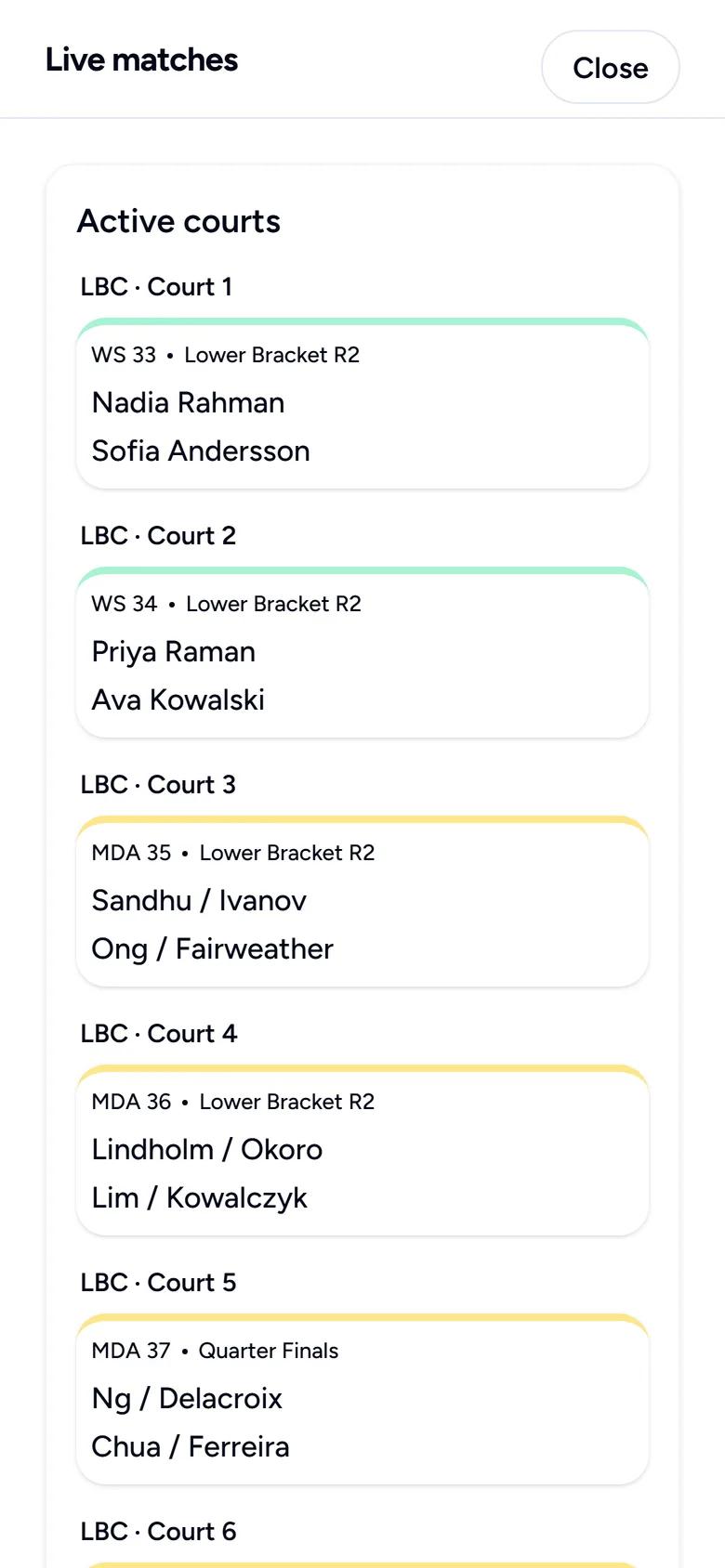 Live badminton courts on a phone