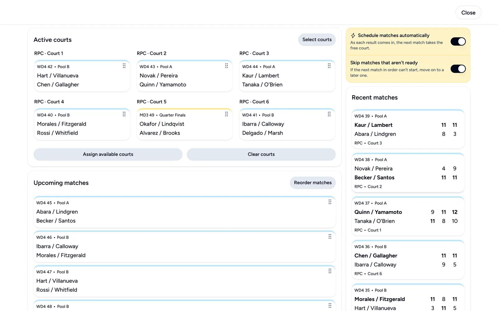 Court dashboard with active courts, upcoming matches and recent results