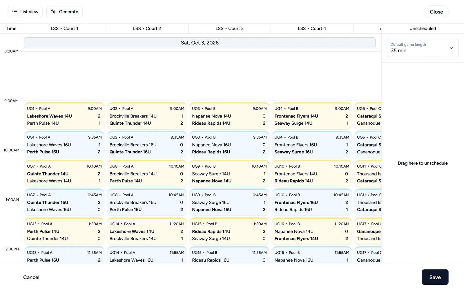Schedule grid with games across four courts