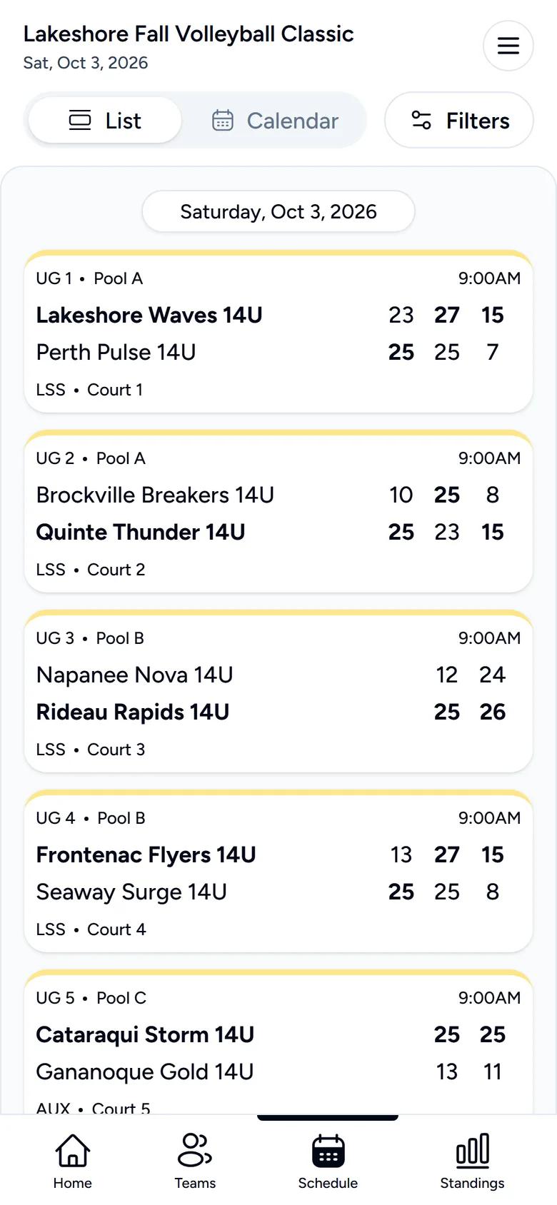 Volleyball schedule with set scores on a phone