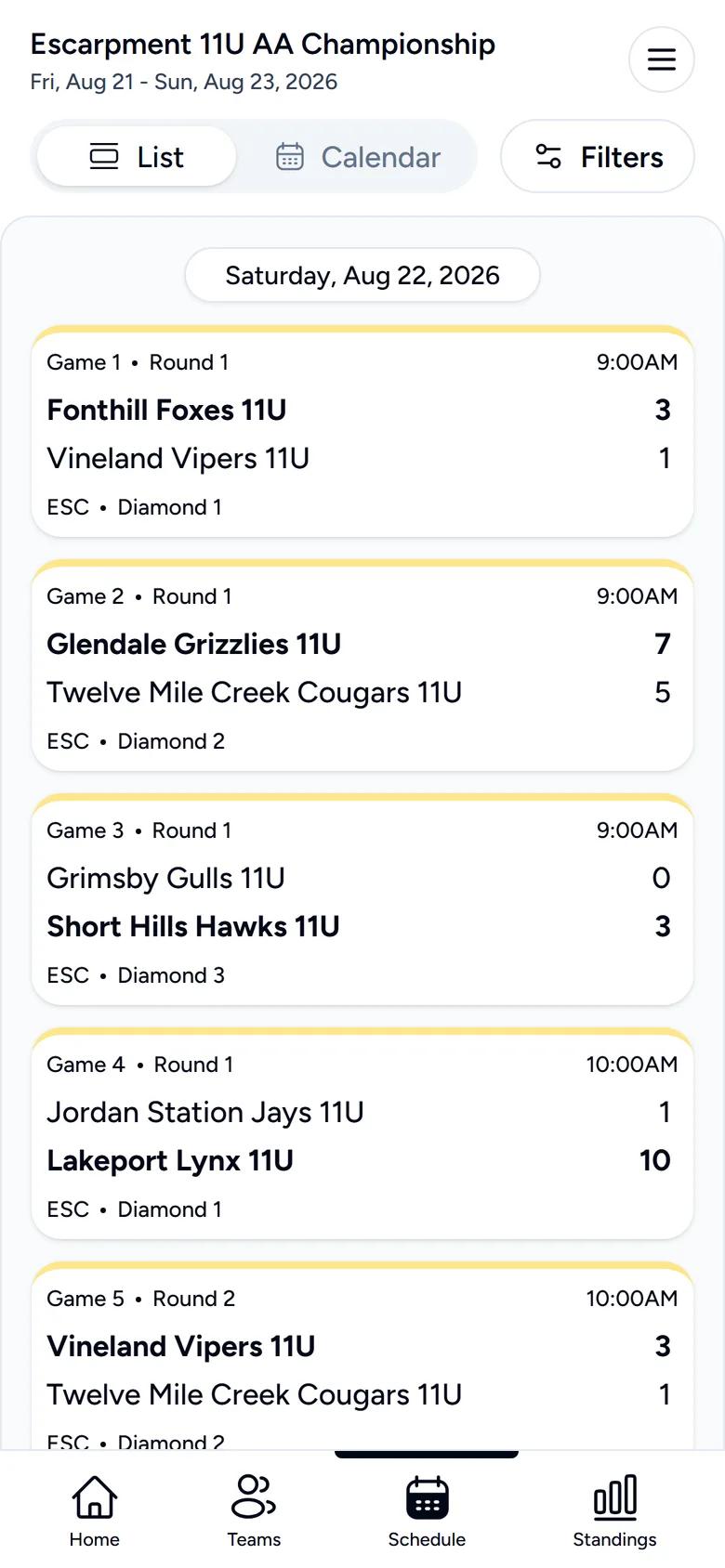 Baseball schedule on a phone